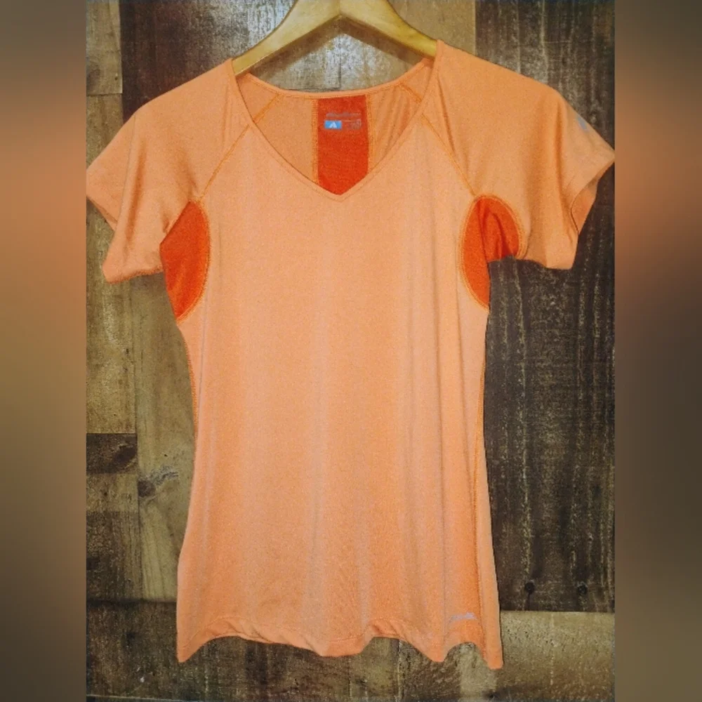 Eddie Bauer Orange Stretch Athletic Short Sleeve Shirt Top Small Work Out Tee - Picture 2 of 6